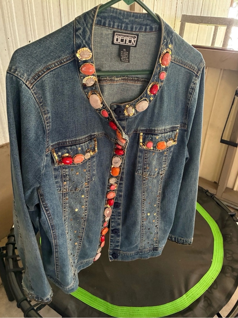 Berek Blue Denim Jacket with Coral, Red and Cream Gem Trim Layered Cottagecore - Picture 8 of 12